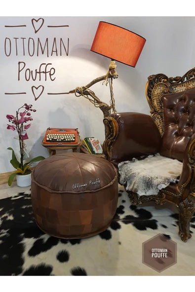 Art Deco El Yapımı Hakiki Deri Orijinal Bohem Ottoman Puf Yer Minderi 60x38cm - Resim 3