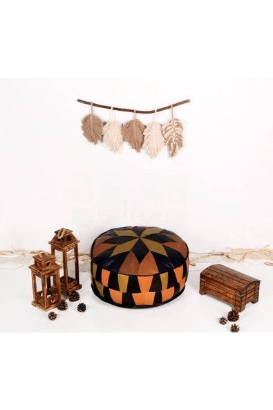 Şok Fiyat Açılışa Özel %50 Off! Art Deco El Yapımı Hakiki Deri Orijinal Bohem Ottoman Puf Minder60cm - Resim 2