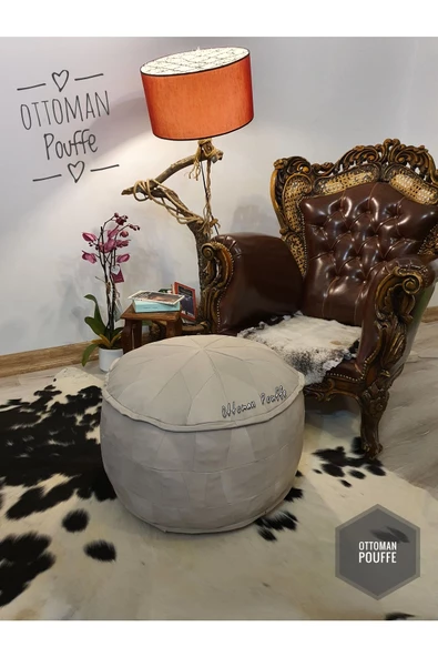 Dolgulu ! Iskandinav El Yapımı Hakiki Deri Ottoman Kırık Beyaz Bohem Puf Yer Ayak Minderi 60x40cm - Resim 7