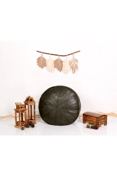 Iskandinav Art Deco El Yapımı Hakiki Deri Orijinal Bohem Ottoman Koyu Yeşil Pouf Minder 60cm - 7