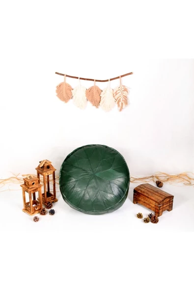 Dolgulu ! ! Art Deco El Yapımı Hakiki Deri Orijinal Bohem Ottoman Yeşil Puf Yer Minderi 60x30cm - Resim 5