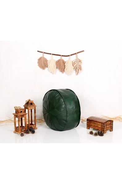 Dolgulu ! ! Art Deco El Yapımı Hakiki Deri Orijinal Bohem Ottoman Yeşil Puf Yer Minderi 60x30cm - Resim 8