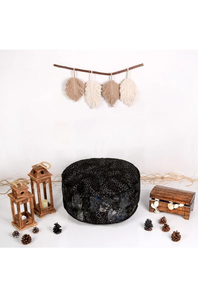 Dolgulu ! Özel Seri El Yapımı Hakiki Deri Orijinal Ottoman Leopar Desenli Deluxe Puf Minder 60x30cm - 2