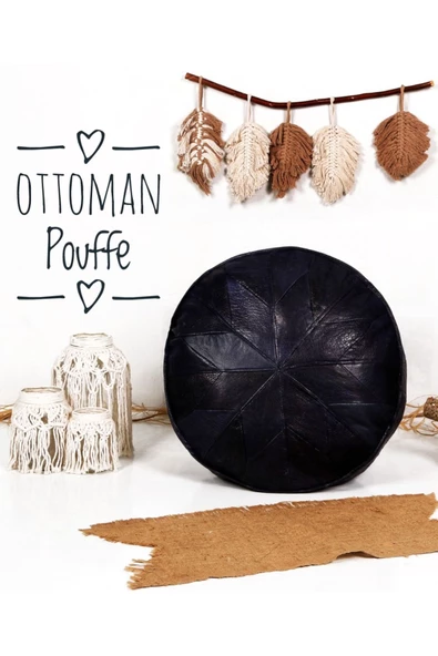 Dolgulu ! Iskandinav El Yapımı Hakiki Deri Orijinal Bohem Ottoman Siyah Puf Minder 60x30cm - Resim 2