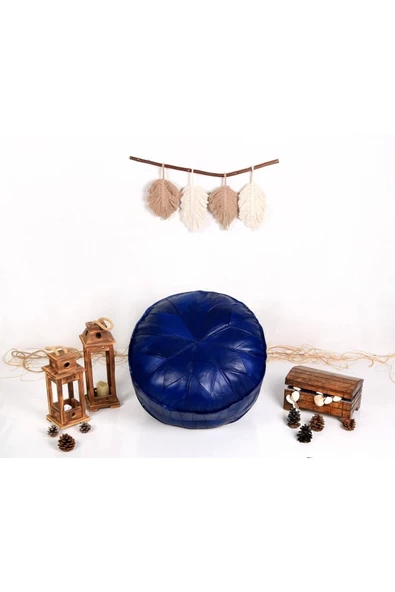 Dolgulu! Özel Seri Iskandinav El Yapımı Hakiki Deri Orijinal Bohem Ottoman Mavi Puf Yer Minderi 60cm - 7