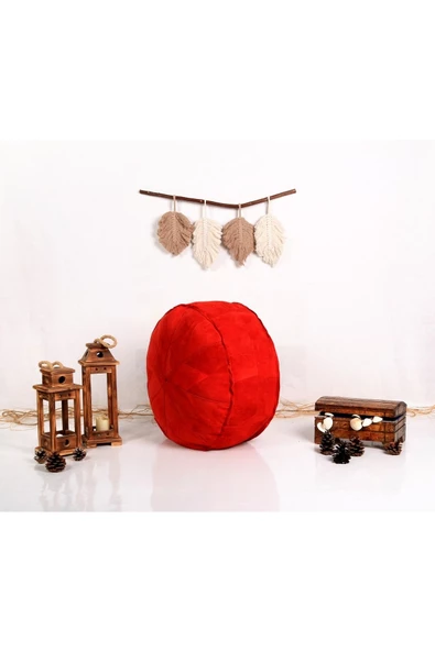 Dolgulu ! El Yapımı Hakiki Deri Orijinal Bohem Ottoman Kırmızı Puf Yer Minderi 60cm (ÖZEL SERİ) - Resim 7