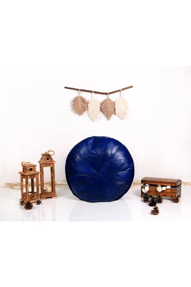 Dolgulu! Özel Seri Iskandinav El Yapımı Hakiki Deri Orijinal Bohem Ottoman Mavi Puf Yer Minderi 60cm - 5