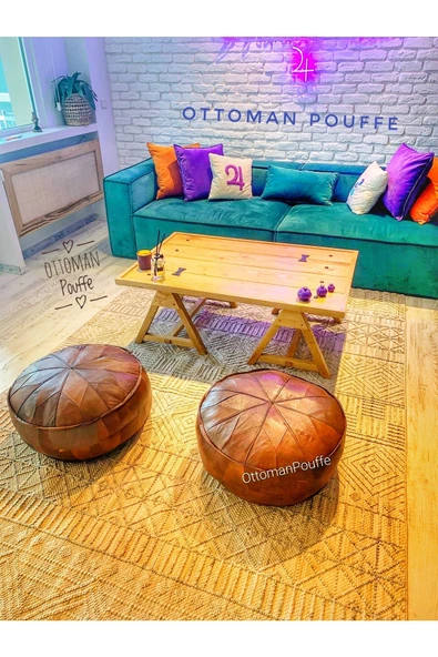 Dolgulu! Iskandinav Art Deco El Yapımı Hakiki Deri Orijinal Bohem Ottoman Puf Minder 60x30cm - Resim 6