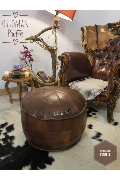 Art Deco El Yapımı Hakiki Deri Orijinal Bohem Ottoman Puf Yer Minderi 60x38cm