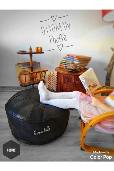 Dolgulu! Iskandinav Art Deco El Yapımı Hakiki Deri Orijinal Bohem Ottoman Puf Minder 60x30cm - Resim 4