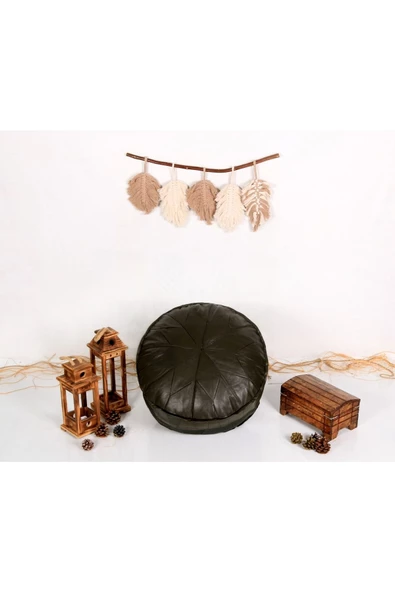 Iskandinav Art Deco El Yapımı Hakiki Deri Orijinal Bohem Ottoman Koyu Yeşil Pouf Minder 60cm - 5