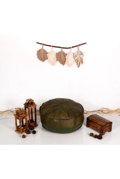 Dolgulu ! Art Deco El Yapımı Hakiki Deri Orijinal Ottoman Yeşil Puf Yer Minder 60x30cm ''özel Seri'' - Resim 5