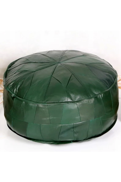 Dolgulu ! ! Art Deco El Yapımı Hakiki Deri Orijinal Bohem Ottoman Yeşil Puf Yer Minderi 60x30cm - Resim 3