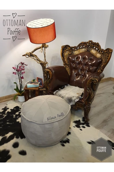 Dolgulu! Iskandinav El Yapımı Hakiki Deri Orijinal Bohem Ottoman Puf Kırık Beyaz Yer Minderi 60x37cm