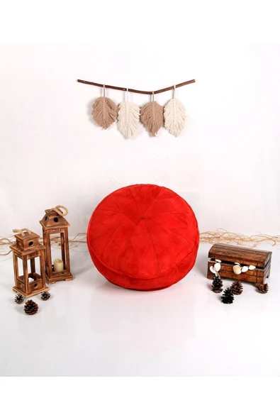 Dolgulu ! El Yapımı Hakiki Deri Orijinal Bohem Ottoman Kırmızı Puf Yer Minderi 60cm (ÖZEL SERİ) - Resim 8