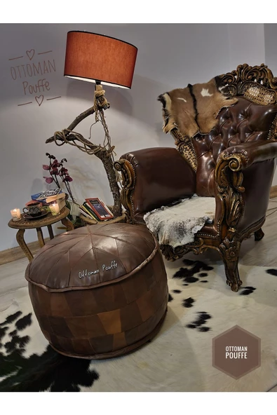 Art Deco El Yapımı Hakiki Deri Orijinal Bohem Ottoman Puf Yer Minderi 60x38cm - Resim 2