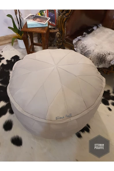 Dolgulu! Iskandinav El Yapımı Hakiki Deri Orijinal Bohem Ottoman Puf Kırık Beyaz Yer Minderi 60x37cm - Resim 2