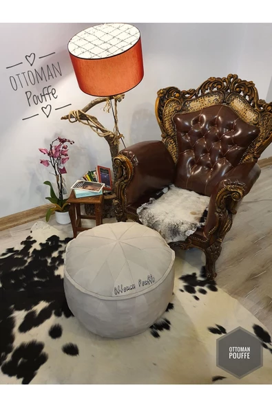 Dolgulu ! Iskandinav El Yapımı Hakiki Deri Ottoman Kırık Beyaz Bohem Puf Yer Ayak Minderi 60x40cm - Resim 2