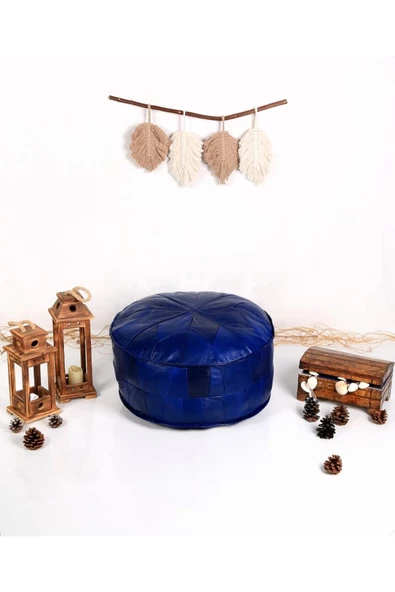 Dolgulu! Özel Seri Iskandinav El Yapımı Hakiki Deri Orijinal Bohem Ottoman Mavi Puf Yer Minderi 60cm - 8