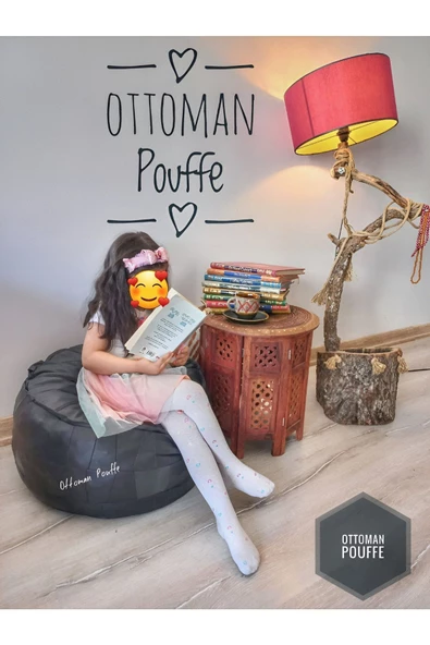 Dolgulu ! Iskandinav El Yapımı Hakiki Deri Orijinal Bohem Ottoman Siyah Puf Minder 60x30cm - Resim 6