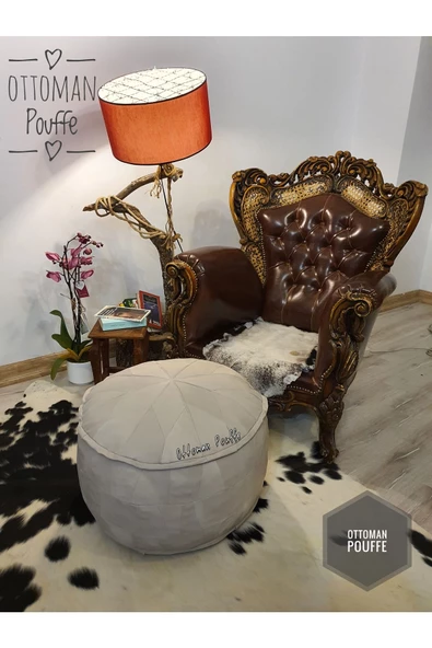 Dolgulu! Iskandinav El Yapımı Hakiki Deri Orijinal Bohem Ottoman Puf Kırık Beyaz Yer Minderi 60x37cm - Resim 3