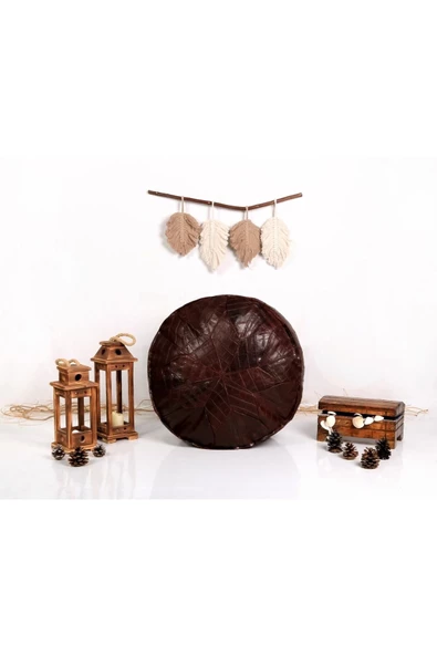 Iskandinav! Özel Seri El Yapımı Hakiki Deri Orijinal Bohem Ottoman Kahve Puf Minder 60cm - Resim 5