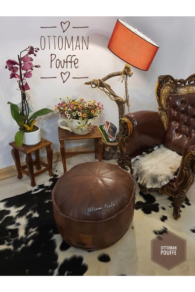 Art Deco El Yapımı Hakiki Deri Orijinal Bohem Ottoman Puf Yer Minderi 60x38cm - Resim 4