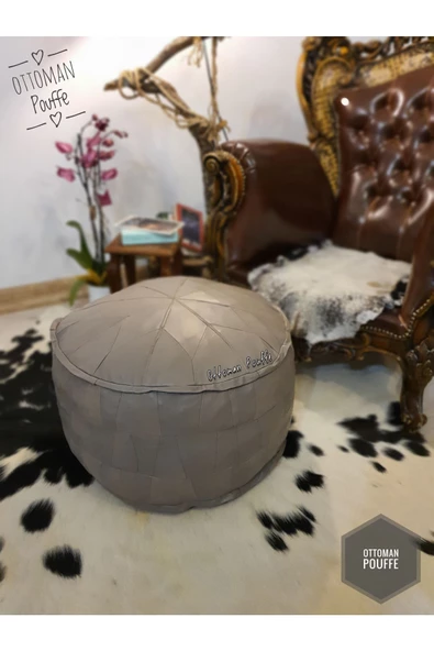 (DOLGULU) Iskandinav El Yapımı Hakiki Deri Orijinal Bohem Ottoman Gri Puf Yer Ayak Minderi 60x40cm ürün görseli
