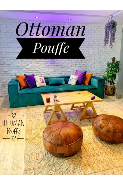 Dolgulu! Art Deco Iskandinav El Yapımı Deri Orijinal Ottoman Bohem Pouf Minder 60x30cm - Resim 6