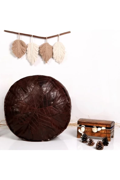 Iskandinav! Özel Seri El Yapımı Hakiki Deri Orijinal Bohem Ottoman Kahve Puf Minder 60cm - Resim 3