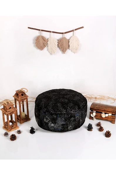 Dolgulu ! Özel Seri El Yapımı Hakiki Deri Orijinal Ottoman Leopar Desenli Deluxe Puf Minder 60x30cm - 7