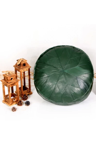 Dolgulu ! ! Art Deco El Yapımı Hakiki Deri Orijinal Bohem Ottoman Yeşil Puf Yer Minderi 60x30cm