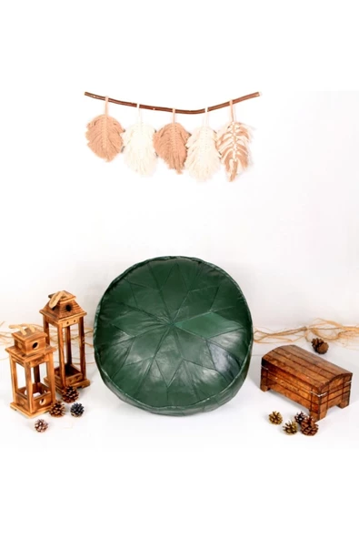 Dolgulu ! ! Art Deco El Yapımı Hakiki Deri Orijinal Bohem Ottoman Yeşil Puf Yer Minderi 60x30cm - Resim 4