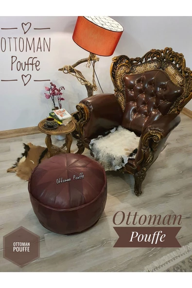 (DOLGULU) Art Deco El Yapımı Hakiki Deri Ottoman Bordo Yer Ayak Uzatma Puf Minder 60x40cm