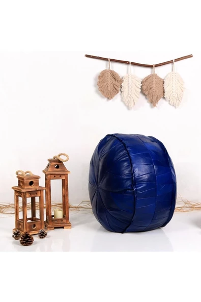 Dolgulu! Özel Seri Iskandinav El Yapımı Hakiki Deri Orijinal Bohem Ottoman Mavi Puf Yer Minderi 60cm - 3