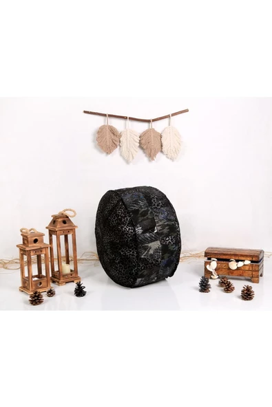 Dolgulu ! Özel Seri El Yapımı Hakiki Deri Orijinal Ottoman Leopar Desenli Deluxe Puf Minder 60x30cm - 4