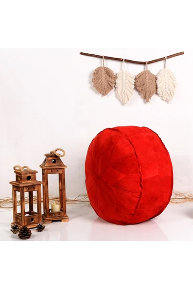 Dolgulu ! El Yapımı Hakiki Deri Orijinal Bohem Ottoman Kırmızı Puf Yer Minderi 60cm (ÖZEL SERİ) - Resim 2