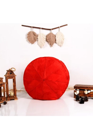 Dolgulu ! El Yapımı Hakiki Deri Orijinal Bohem Ottoman Kırmızı Puf Yer Minderi 60cm (ÖZEL SERİ) - Resim 4