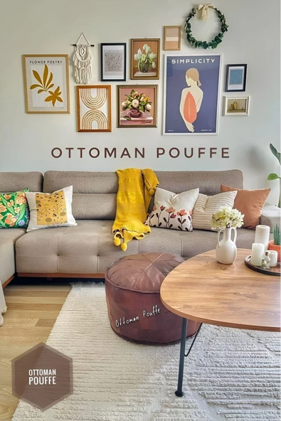 Hakiki Kuzu Derisi Ve El Yapımı Iskandinav Ottoman Bohem Puf Yer Minderi 60x40cm Dolgulu - Resim 6