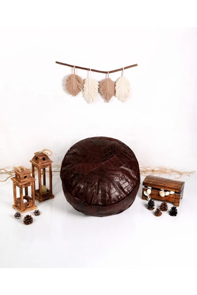 Iskandinav! Özel Seri El Yapımı Hakiki Deri Orijinal Bohem Ottoman Kahve Puf Minder 60cm - Resim 7