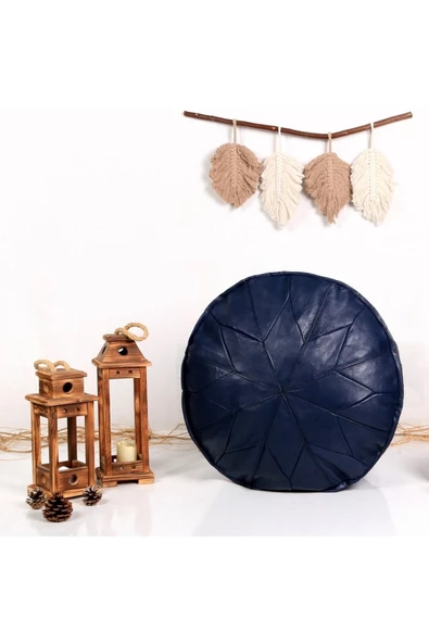 Dolgulu! Özel Seri El Yapımı Hakiki Deri Orijinal Ottoman Lacivert Puf Minder 60x30cm ürün görseli