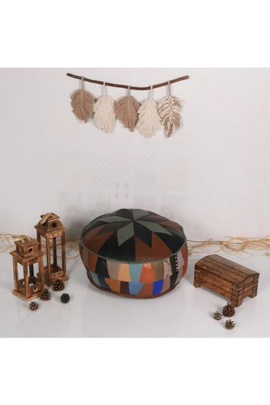 Şok Fiyat Açılışa Özel %50 Off! Art Deco El Yapımı Hakiki Deri Orijinal Bohem Ottoman Puf Minder60cm - 2