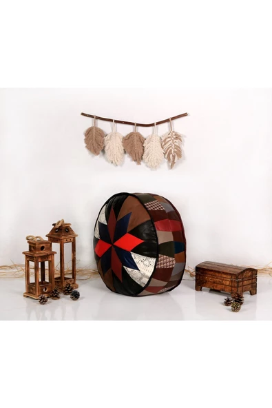 Şok Fiyat Açılışa Özel %50 Off! Art Deco El Yapımı Hakiki Deri Orijinal Bohem Ottoman Puf Minder60cm - Resim 3