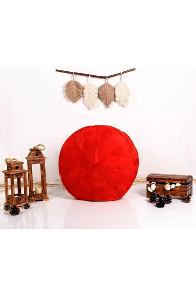Dolgulu ! El Yapımı Hakiki Deri Orijinal Bohem Ottoman Kırmızı Puf Yer Minderi 60cm (ÖZEL SERİ) - Resim 6