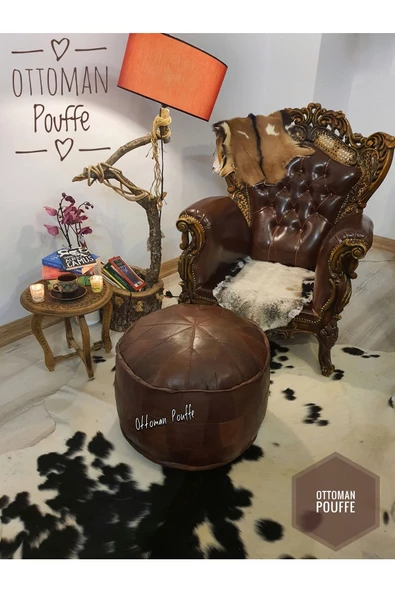 Art Deco El Yapımı Hakiki Deri Orijinal Bohem Ottoman Puf Yer Minderi 60x38cm - Resim 5