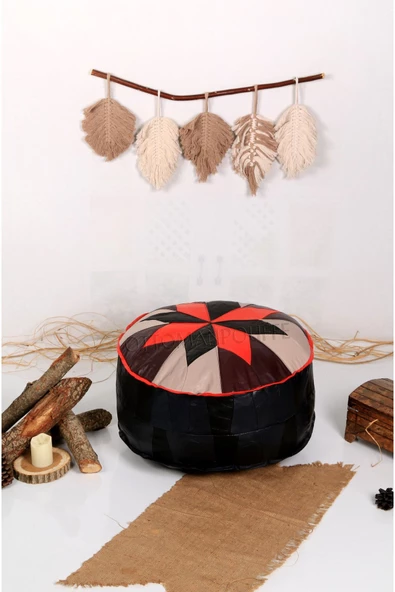 Şok Fiyat Açılışa Özel %50 Off! Art Deco El Yapımı Hakiki Deri Orijinal Bohem Ottoman Puf Minder60cm - 4
