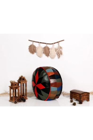 Şok Fiyat Açılışa Özel %50 Off! Art Deco El Yapımı Hakiki Deri Orijinal Bohem Ottoman Puf Minder60cm - 2