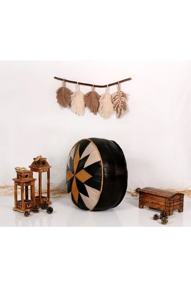 Şok Fiyat Açılışa Özel %50 Off! Art Deco El Yapımı Hakiki Deri Orijinal Bohem Ottoman Puf Minder60cm - Resim 4