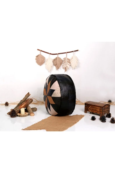 Şok Fiyat Açılışa Özel %50 Off! Art Deco El Yapımı Hakiki Deri Orijinal Bohem Ottoman Puf Minder60cm - Resim 2