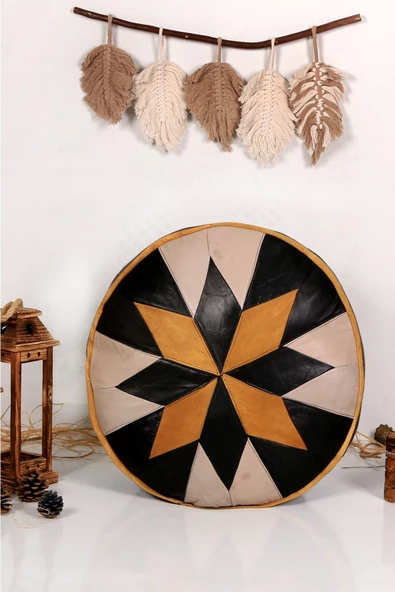 Şok Fiyat Açılışa Özel %50 Off! Art Deco El Yapımı Hakiki Deri Orijinal Bohem Ottoman Puf Minder60cm - Resim 5